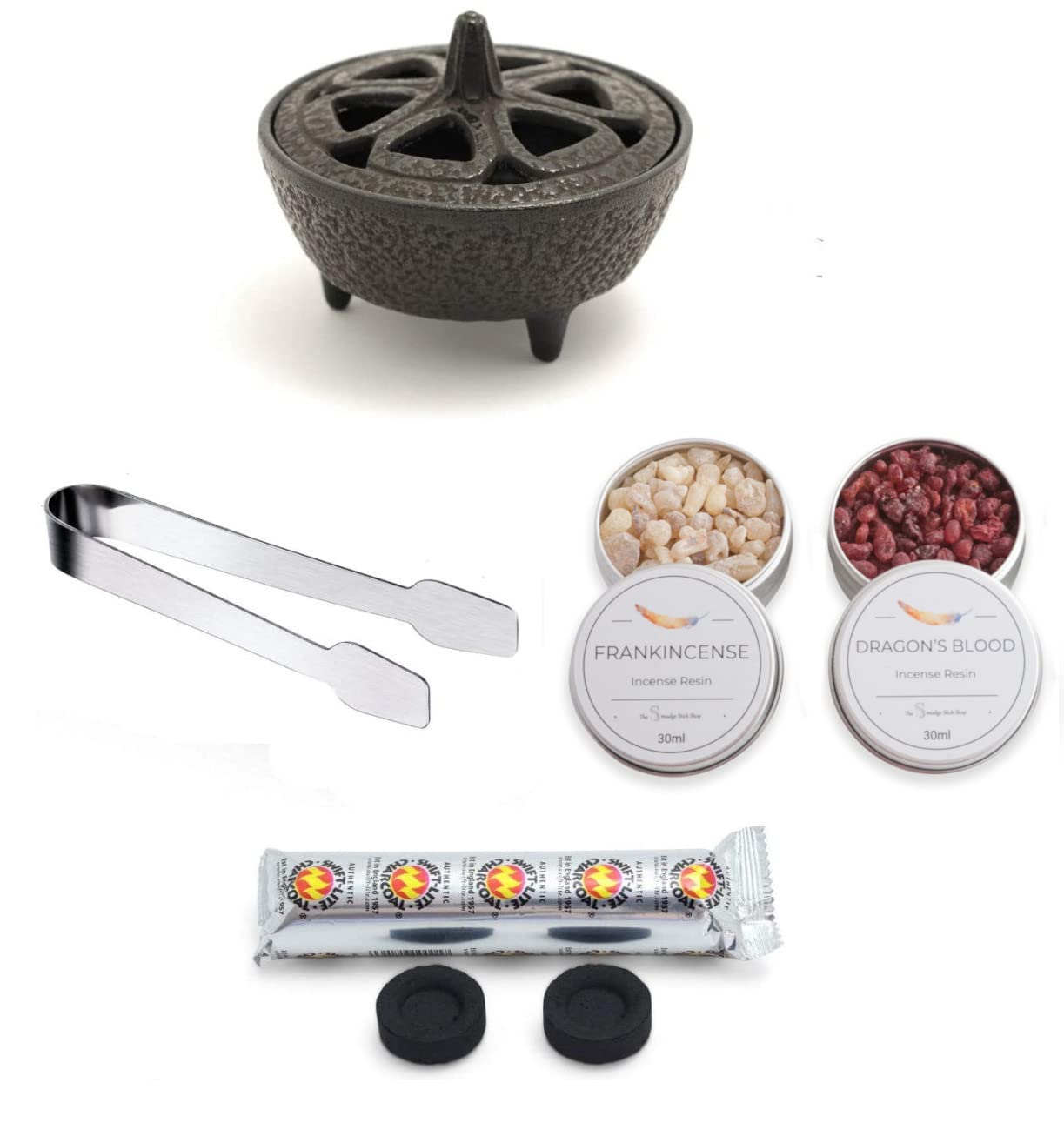 Incense Burner Kit with Cast Iron Burner, 30ml tins of fresh Incense, stainless steel tongs and charcoal discs (Frankincense & Dragon's Blood)