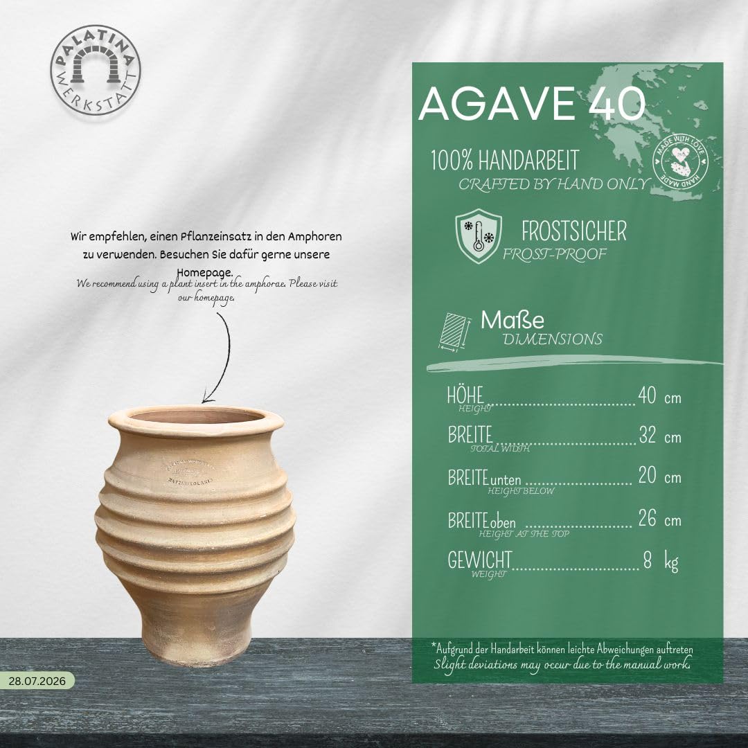 Palatina Werkstatt winterfeste Terracotta Amphore 40cm für Garten und Haus- 100% handgefertigte Unikate, Agave 40 cm