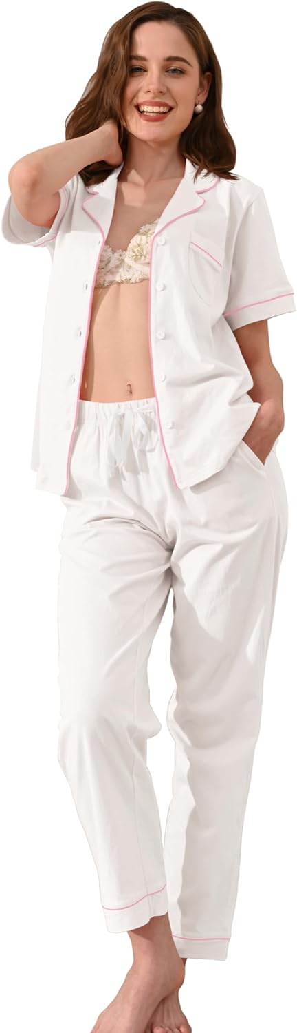 100% Cotton Pajamas for Women Sets 2 Pieces Pjs Button short sleeves with Pockets Soft Sleepwear Loungewear XS-XXL