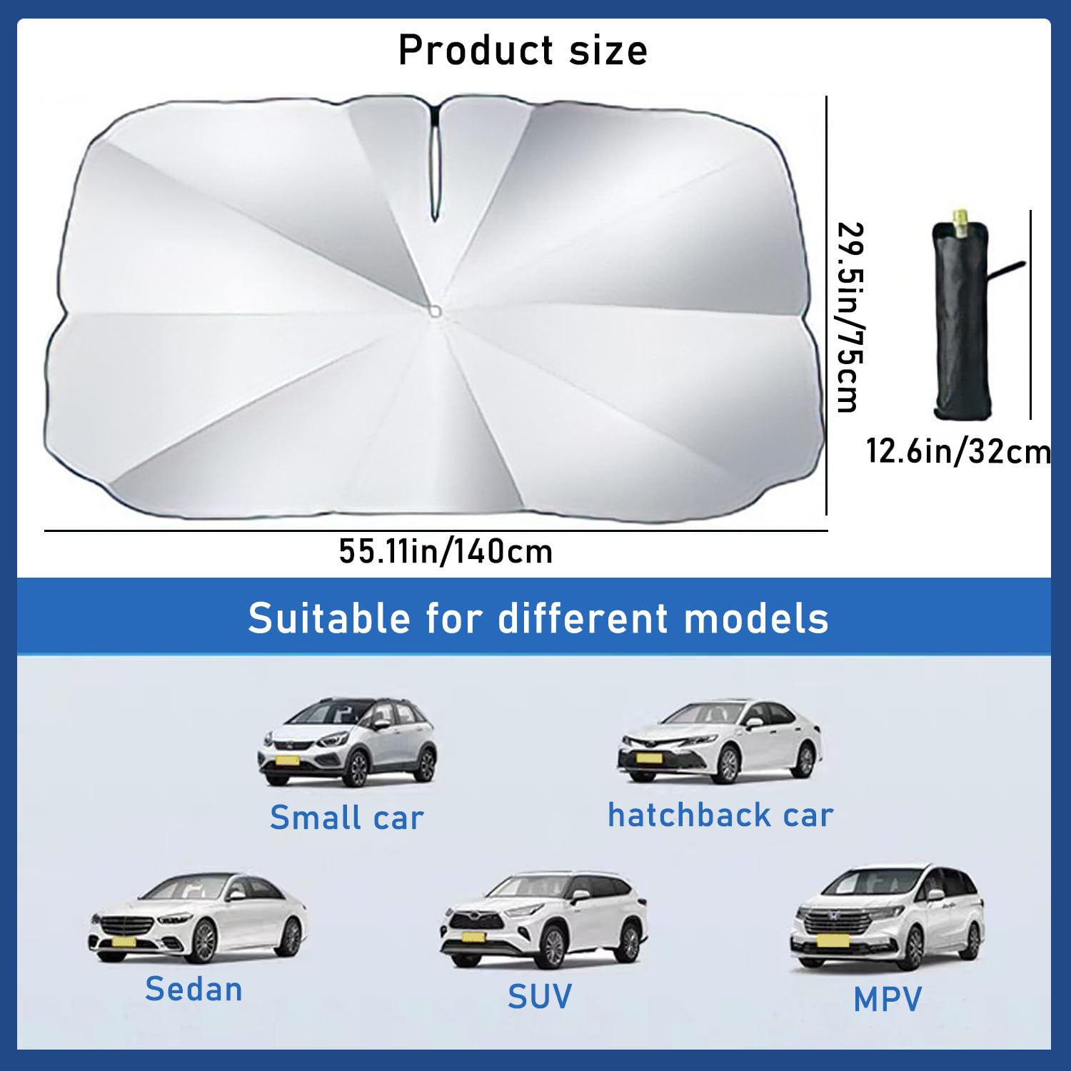 Pare Soleil Voiture Pare Brise Avant, 140x75cm Rotatif Parapluie Pare Soleil Voiture Protection UV, Pliable Parasols de Voiture pour la Plupart des Voitures, SUV (M)