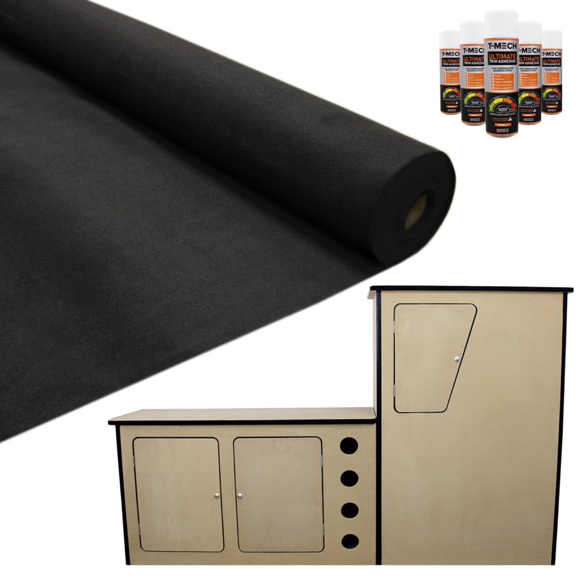 T-Mech Black 11M2 Van Lining Carpet Super Stretch Kit | With Camper Motor Home Kitchen Unit | Free 5 Heavy Duty Adhesive Glue Spray Cans