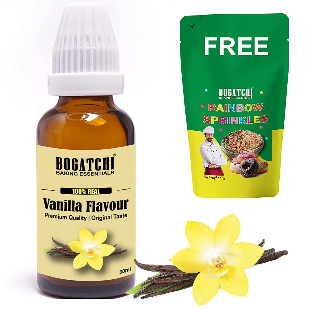 BOGATCHI Vanilla Flavour Essence for Baking Cakes, Cookies, Chocolates, Ice Creams, Desserts | Professional Quality | Original Taste | Sugar-Free | 30ML | FREE Rainbow Sprinkles, 50g (B096WKJ85S) Amazon Price History, Amazon Price Tracker