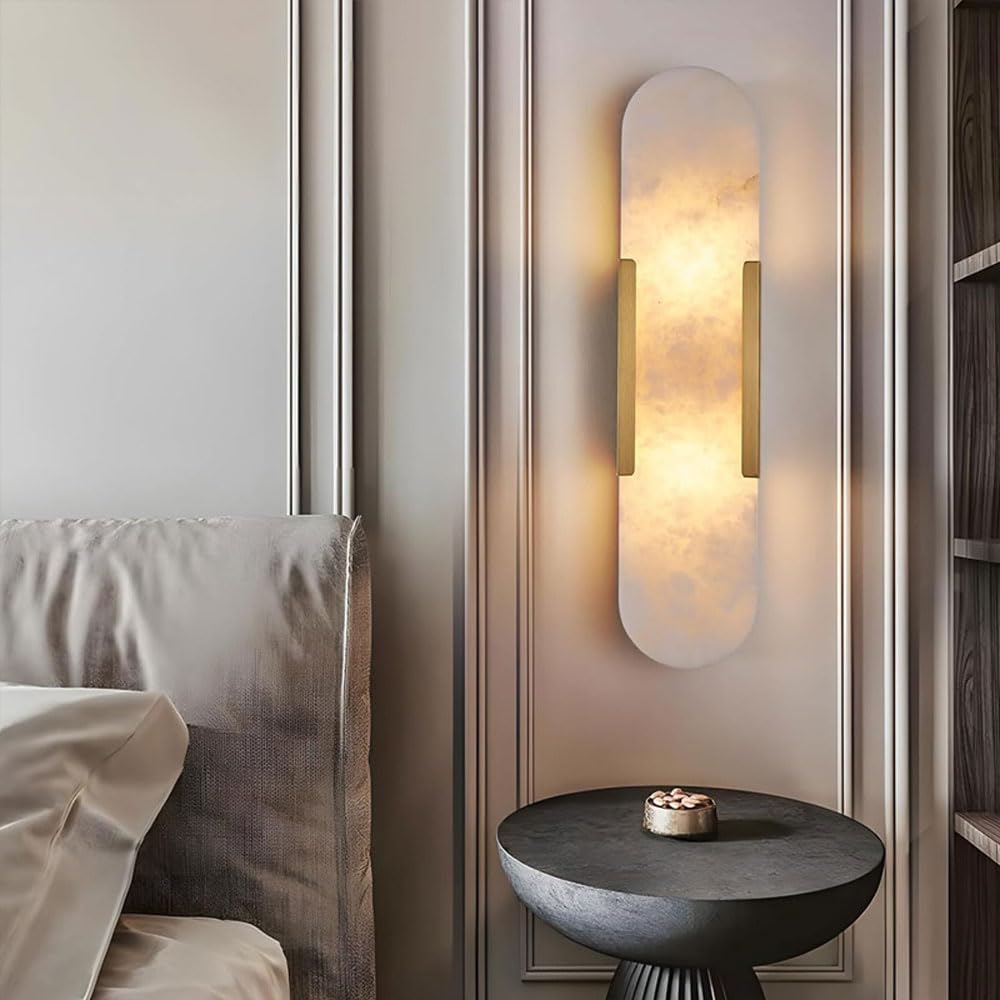 Modern Bedroom Wall Light Mid Century Farmhouse Wall Sconce with Marble Gold Bathroom Light Luxury White Natural Stone Vanity Light Wall Mounted Lamp for Living Room Bedroom Cafe Hotel
