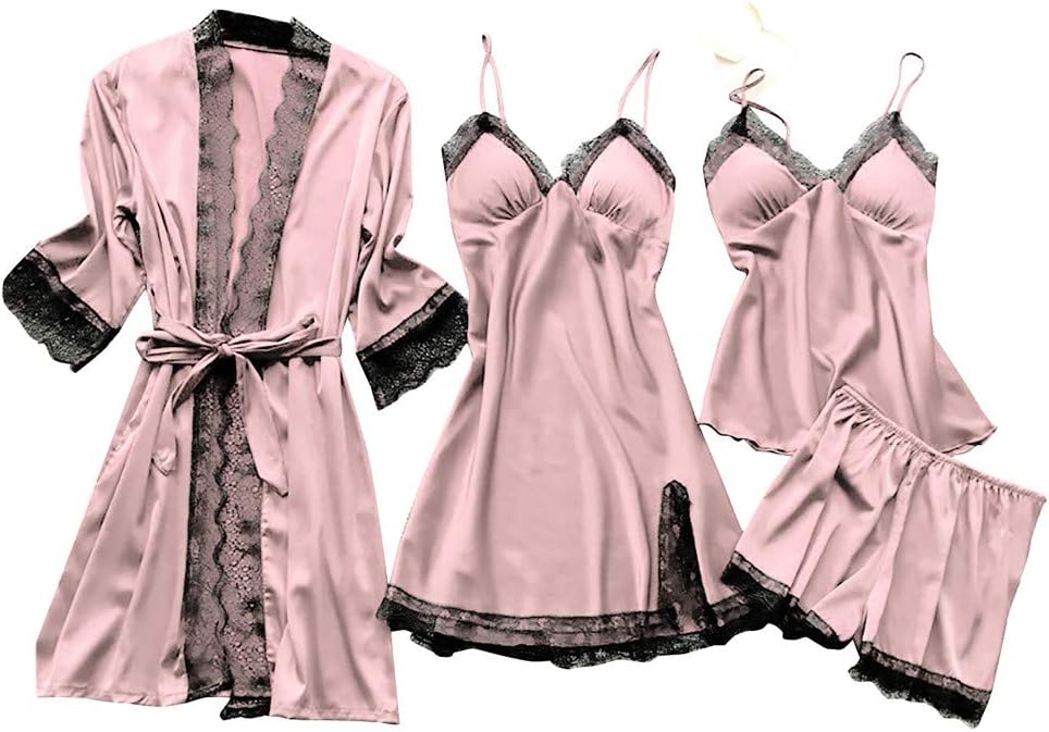 JiXiang Sleepwear for Women Pajama Set 4 Piece Sexy Silk Satin Pajamas Set Lingerie Floral Lace Cami Sleepwear With Robe