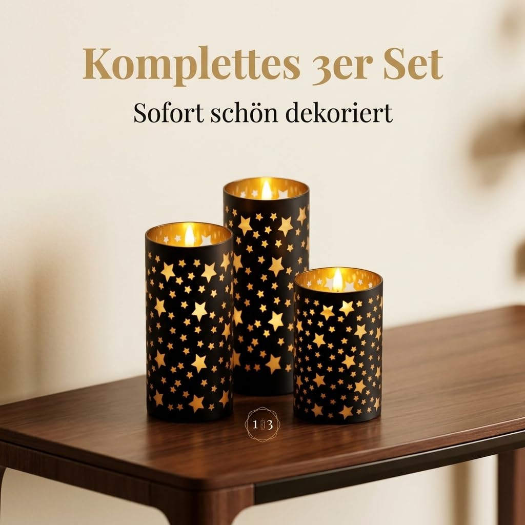 MIJOMA Set di 3 candele a LED, candele di cera con effetto fiamma e timer, bianco caldo, nero, con motivo a stelle, funzionamento a batteria
