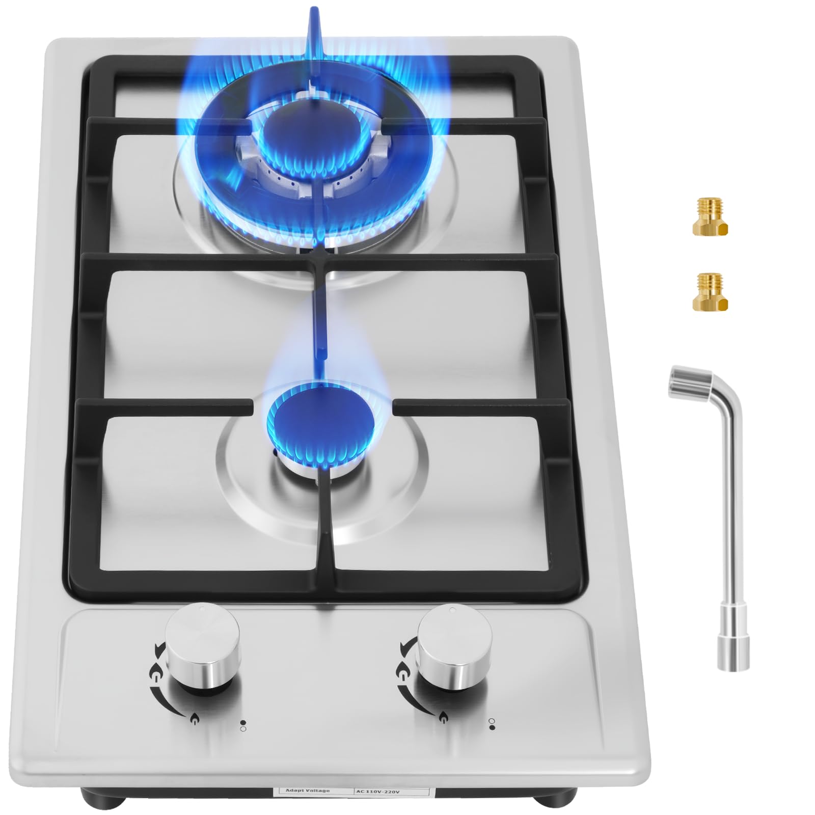 Placa de Gas,Placa de cocción a gas 2 fuegos, autosuficientecon protección térmica automática,Cocina empotrable acero inoxidable,convertible NG/LPG,4300 watt