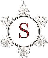 Vista 24 de Adornos de Navidad con letras rojas y negras a cuadros 2022, adornos de copo de nieve, monograma, letra J con inicial, adorno para decoración