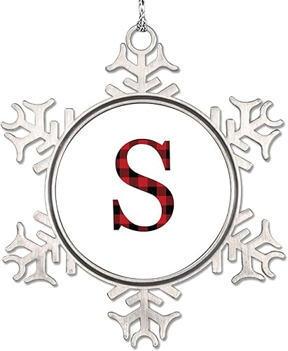 Vista 24 de Adornos de Navidad con letras rojas y negras a cuadros 2024, adornos de copo de nieve, monograma, letra inicial H, adorno para decoración de árbol