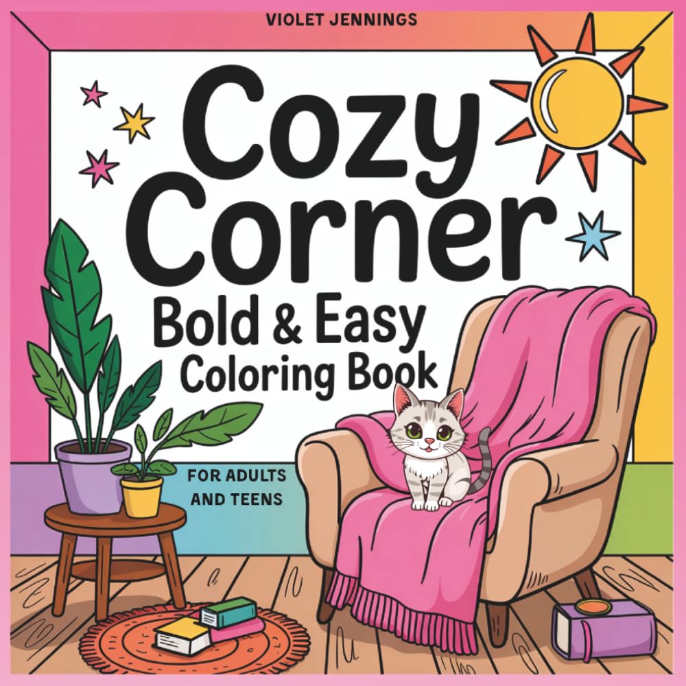 COZY CORNER BOLD & EASY COLORING BOOK: Cute pages for Adults & Teens Featuring with Charming Little Spaces for Relaxation