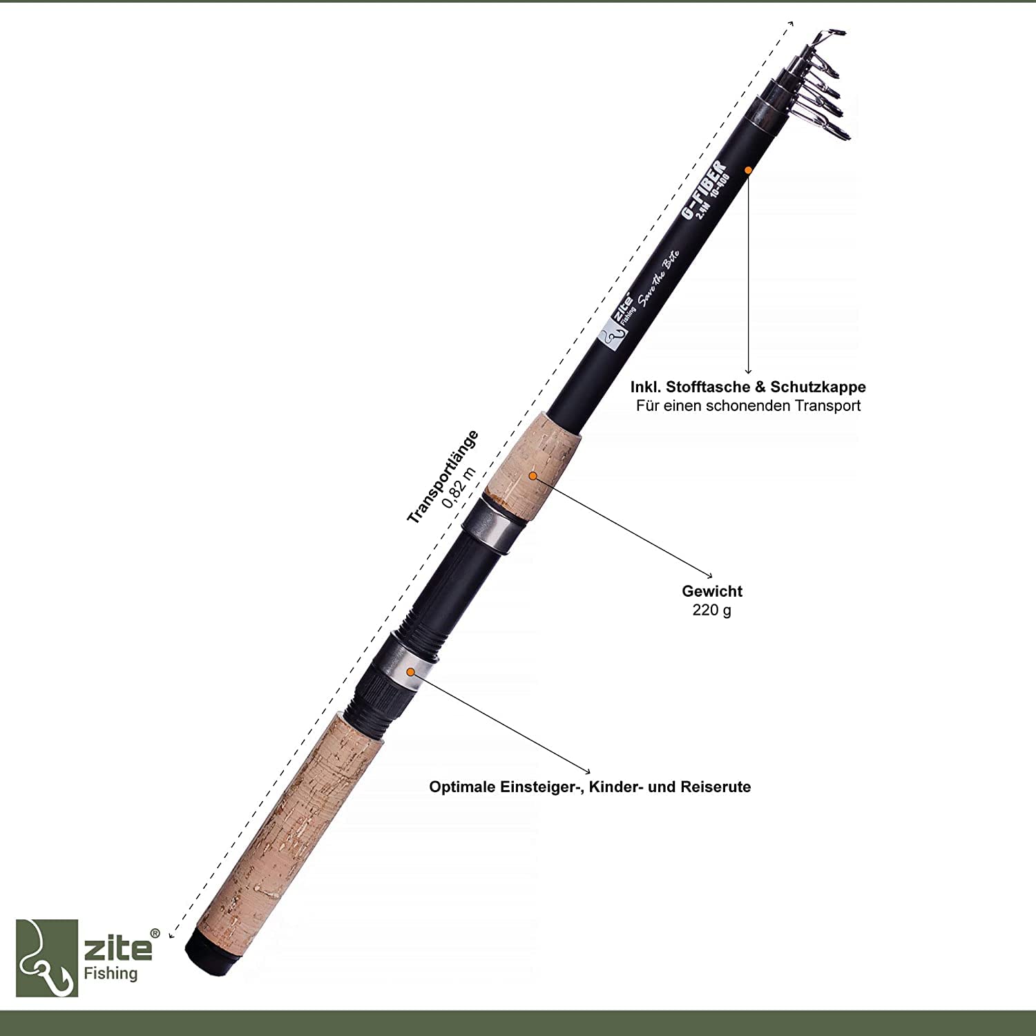 Zite Fishing Angelset Forelle / 2 Teleskop-Ruten 240cm / 2 Forellen-Rollen Bespult / 1 Rutentasche Angeln 100cm / 1 Angel-Kescher Gummiert 160cm