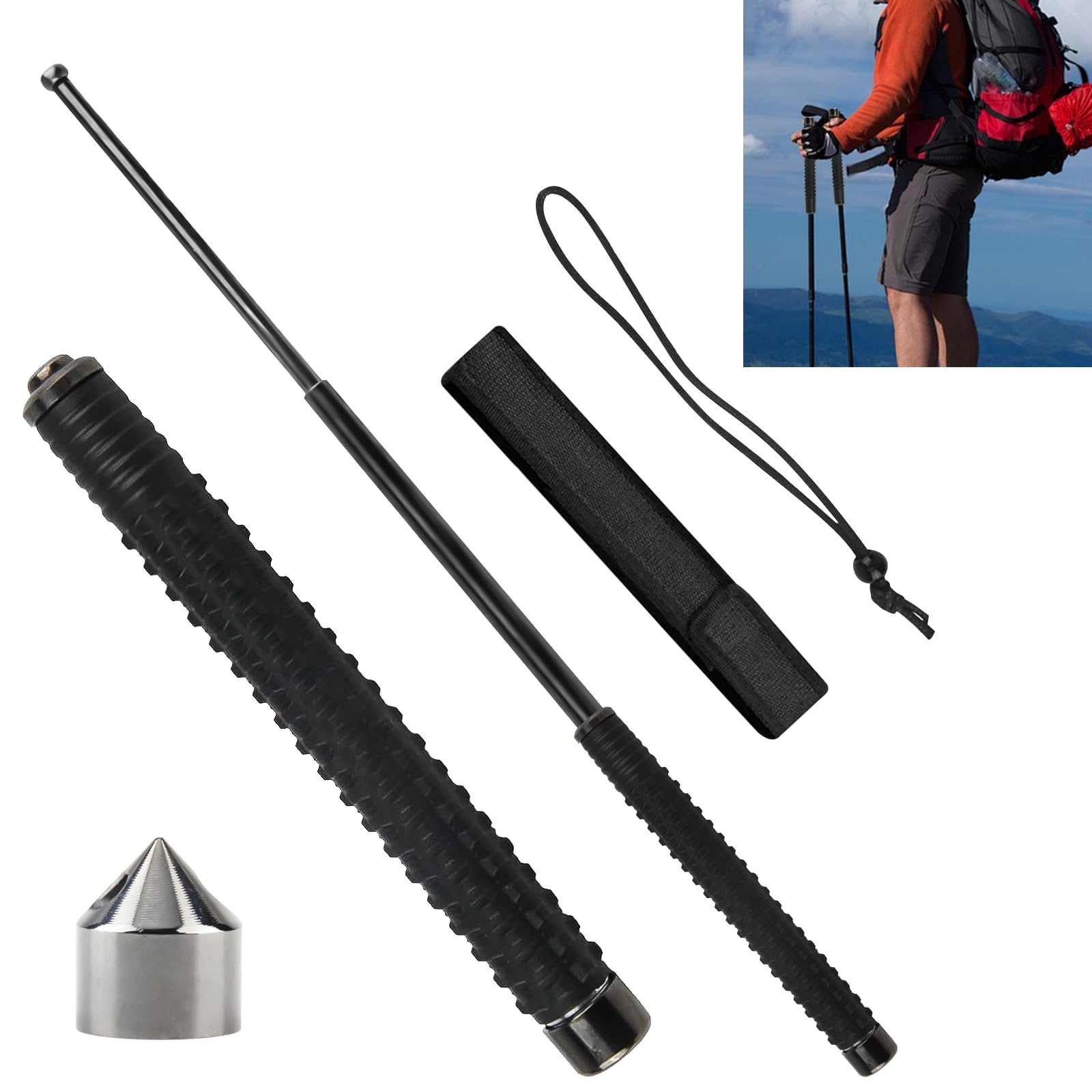 Multifunzionale Bastone da Escursionismo Telescopico, Pieghevole, 64cm, Antiscivolo con Tracolla e Borsa per il Trasporto, Ideale per Trekking, Campeggio, Alpinismo e Sci, Nero