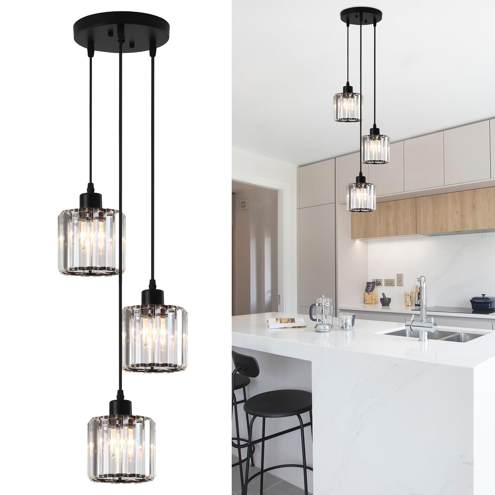 ASHUAQI Black Chandelier Modern Crystal Chandelier, 3 Lights Pendant Ceiling Light, E27 Base Dining Room Lights Ceiling, Chandeliers Ceiling Light for Kitchen Island, Bedroom, Lounge, Hallway — image 1