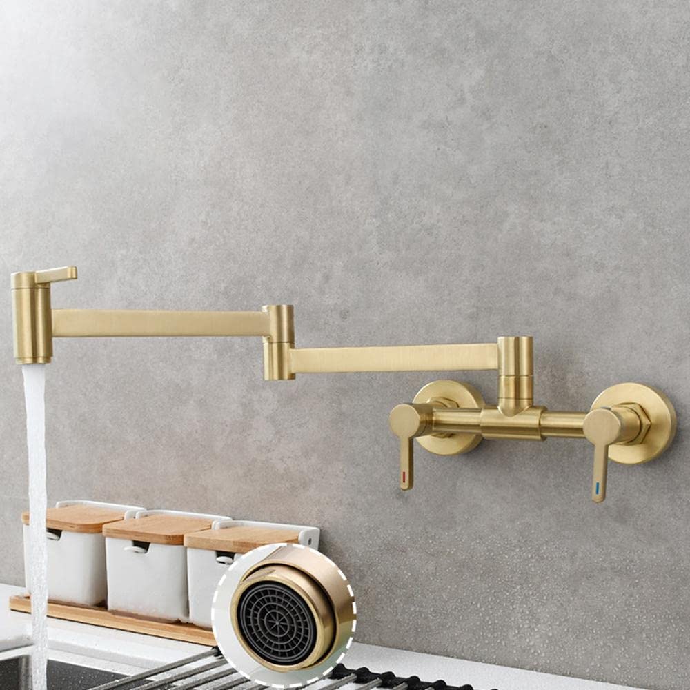 HomeLava Grifos de llenado de ollas Grifos de agua fría y caliente montados en la pared Grifos de latón Grifos de cocina plegables Grifo de fregadero comercial (dorado)