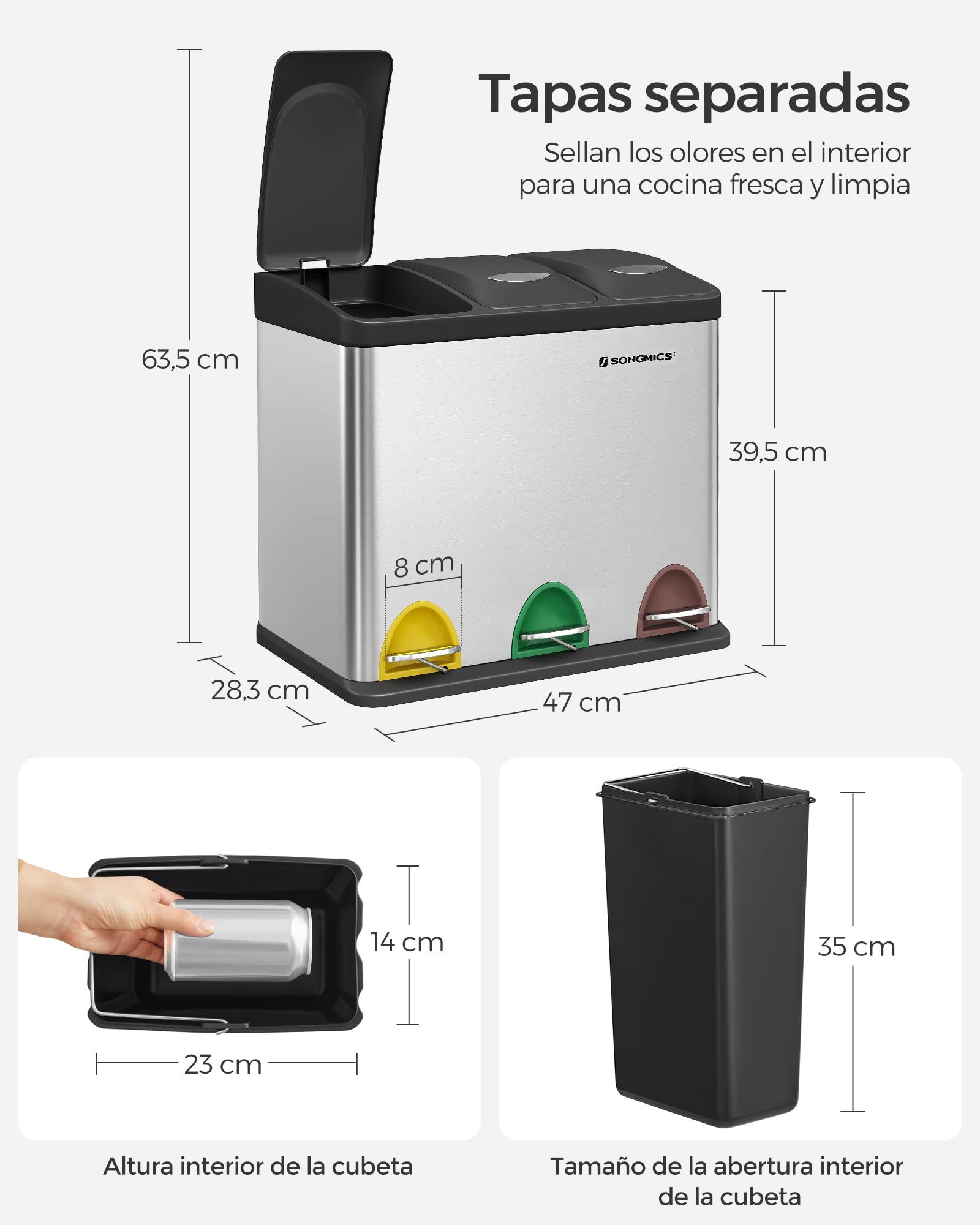 SONGMICS Cubo de Basura de Cocina, Basurero Clasificador 3 x 8 L, Capacidad Pequeña, con Tapas, Triple Cubo de Acero para Familias Pequeñas, Pedales y Cubos, Plata y Negro LTB24L