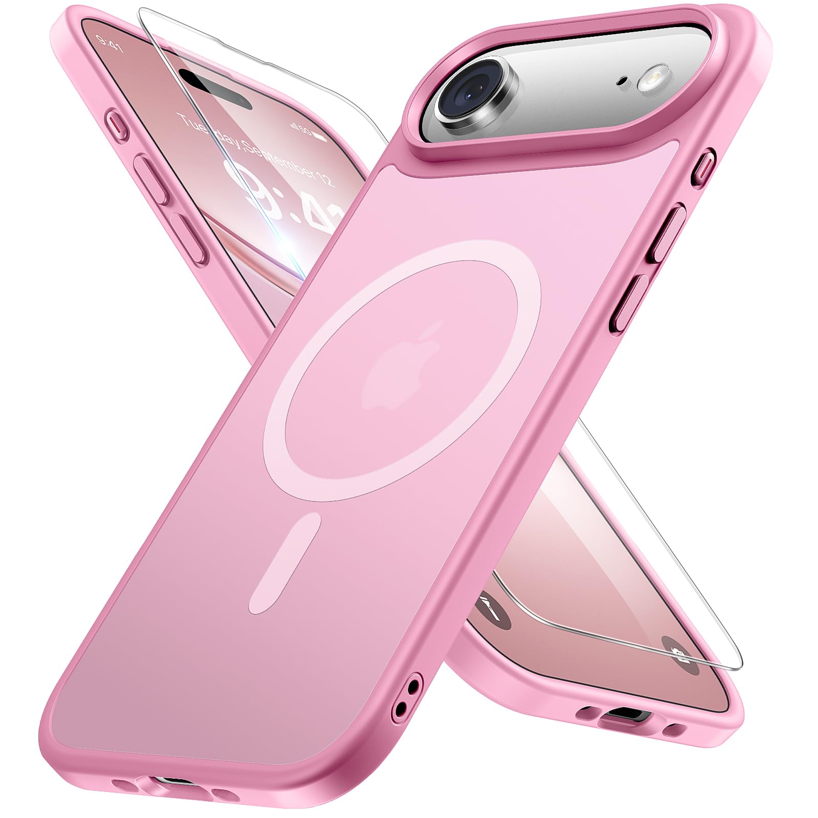 miracase Magnetic for iPhone Air Case with Screen Protector(Compatible with MagSafe), Slim Thin Translucent Matte Military-Grade Protected Phone Cover for iPhone 17 Air 6.5", Light Pink