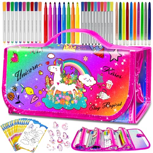 Image of weirtoya 56 PCS Washable Scented Markers with Glitter Pencil Case, Mermaid Unicorn Arts and Crafts for kids 4-6-8 Kids Coloring Drawing Kits for 4-8 Years Old Girls (Rainbow, 70)