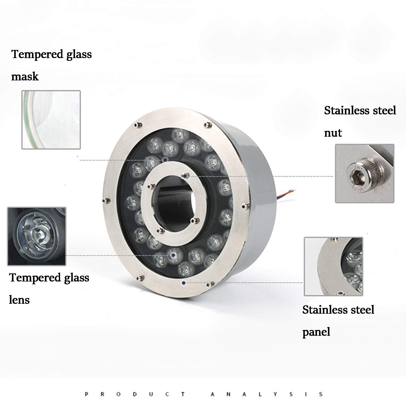 Luci per fontane a LED subacquee, Parte Superiore in Acciaio Inox | Grado di Protezione IP68 | 12 V 18 W | Cavo di Alimentazione di 2 m Incluso (RGB)