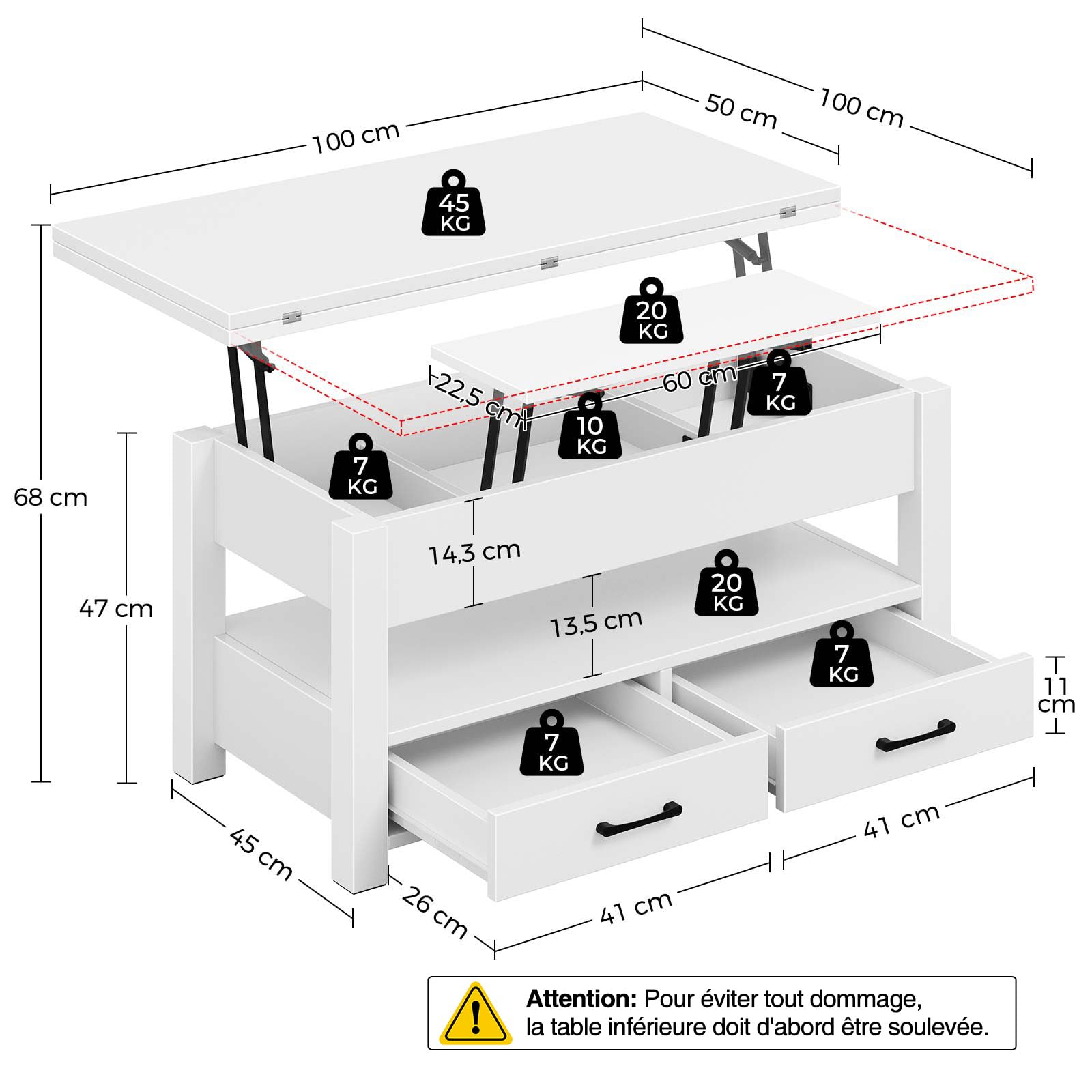 Rolanstar Table Basse Relevable et Extensible en Bois – avec Tiroir, Rangement Caché et Compartiment Ouvert – Convertible en Table à Manger – Idéale pour Petits Espaces – Blanc