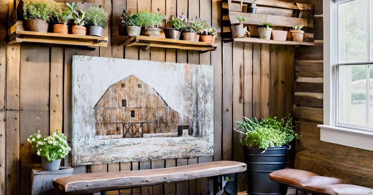 YHSKY ARTS Barn Canvas Wall Art Hand Painted Rustic Country Painting Modern Abstract Farmhouse Pictures Aesthetic Artwork for Living Room Bedroom Bathroom Decor