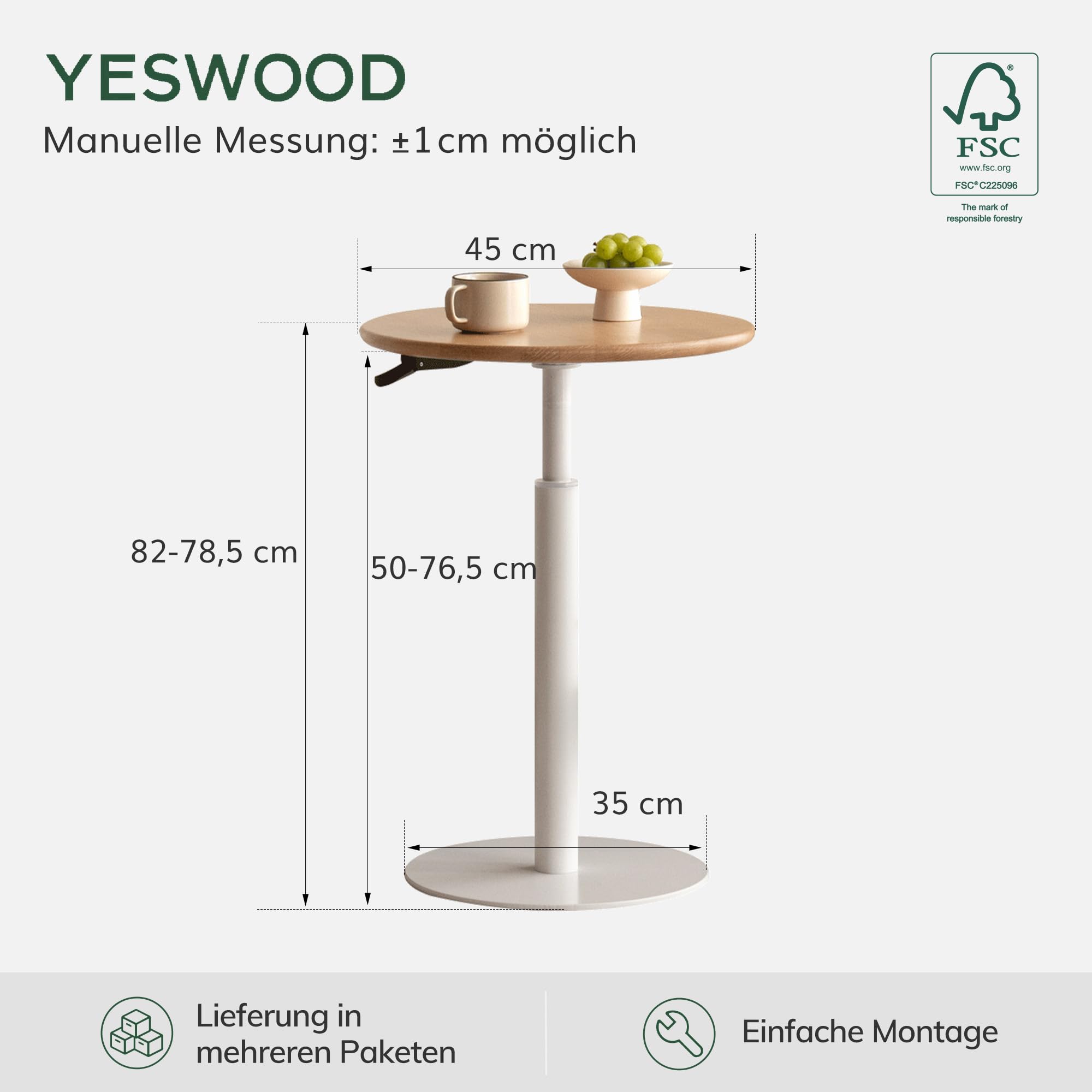YESWOOD Beistelltisch C-Form höhenverstellbar & 360° drehbar, Couchtisch mit Metallgestell, Sofatisch für Wohnzimmer, Laptoptisch für Schlafzimmer,60 x 40 x 52-78,5 cm, Eiche