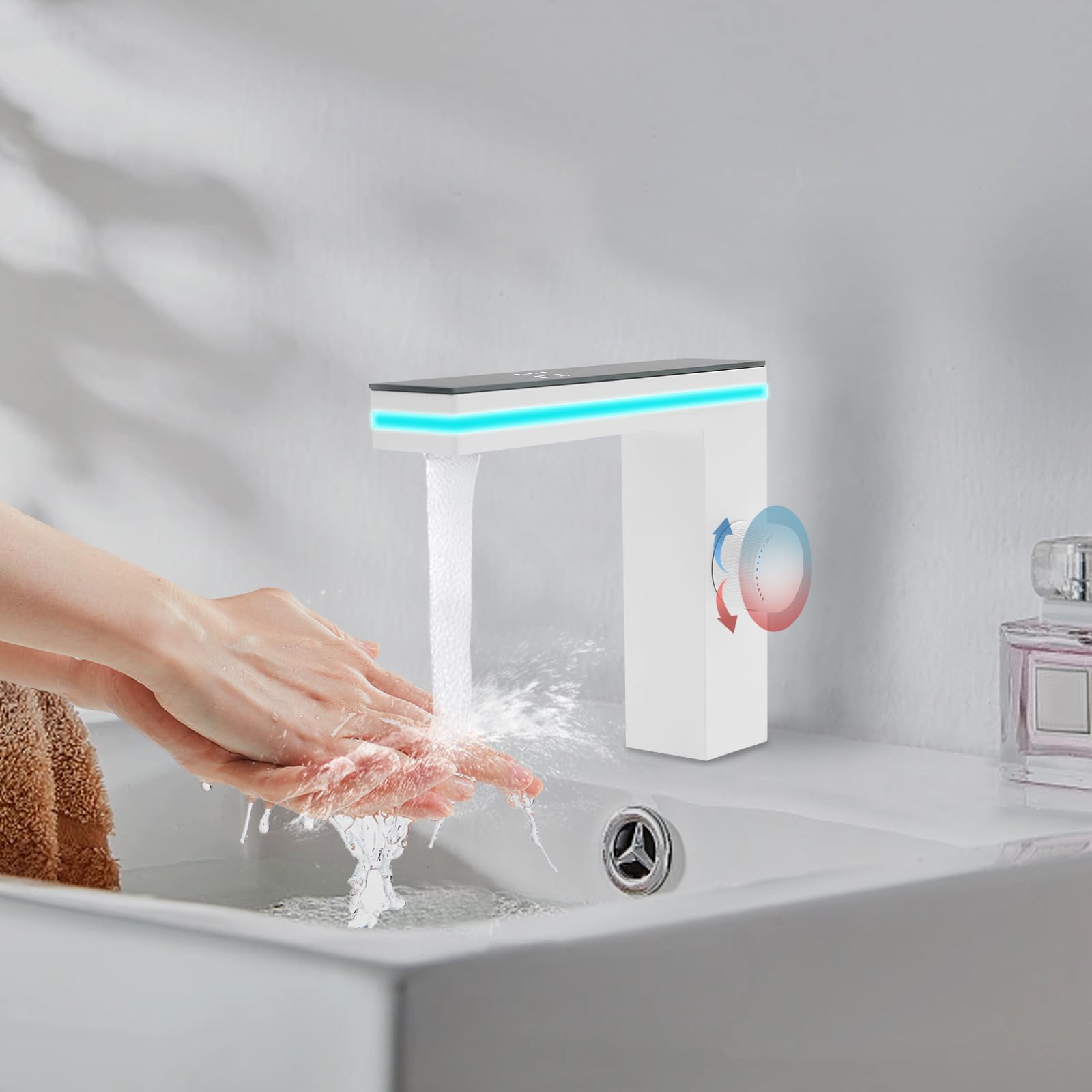 Grifo con sensor de infrarrojos, grifo de lavabo con indicador de temperatura, pantalla digital, grifo mezclador de agua fría caliente, grifo de baño sin contacto