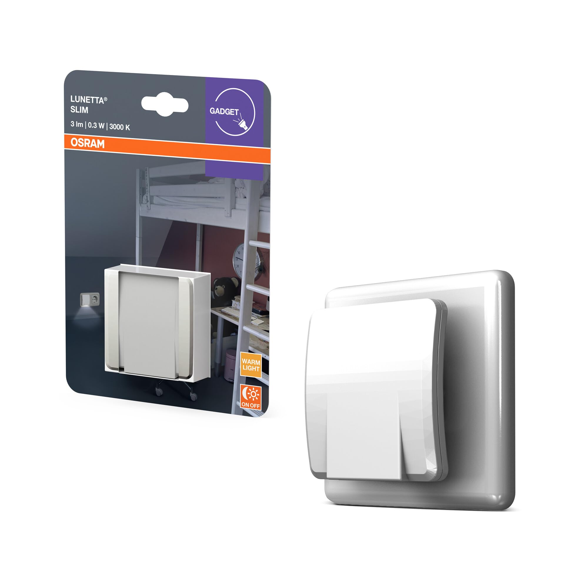 OSRAM LUNETTA Slim Night Light Biała 3000K LED 3 lm 0,3 W z czujnikiem dzień/noc, IP20, pośrednie wyjście światła, montaż w gnieździe
