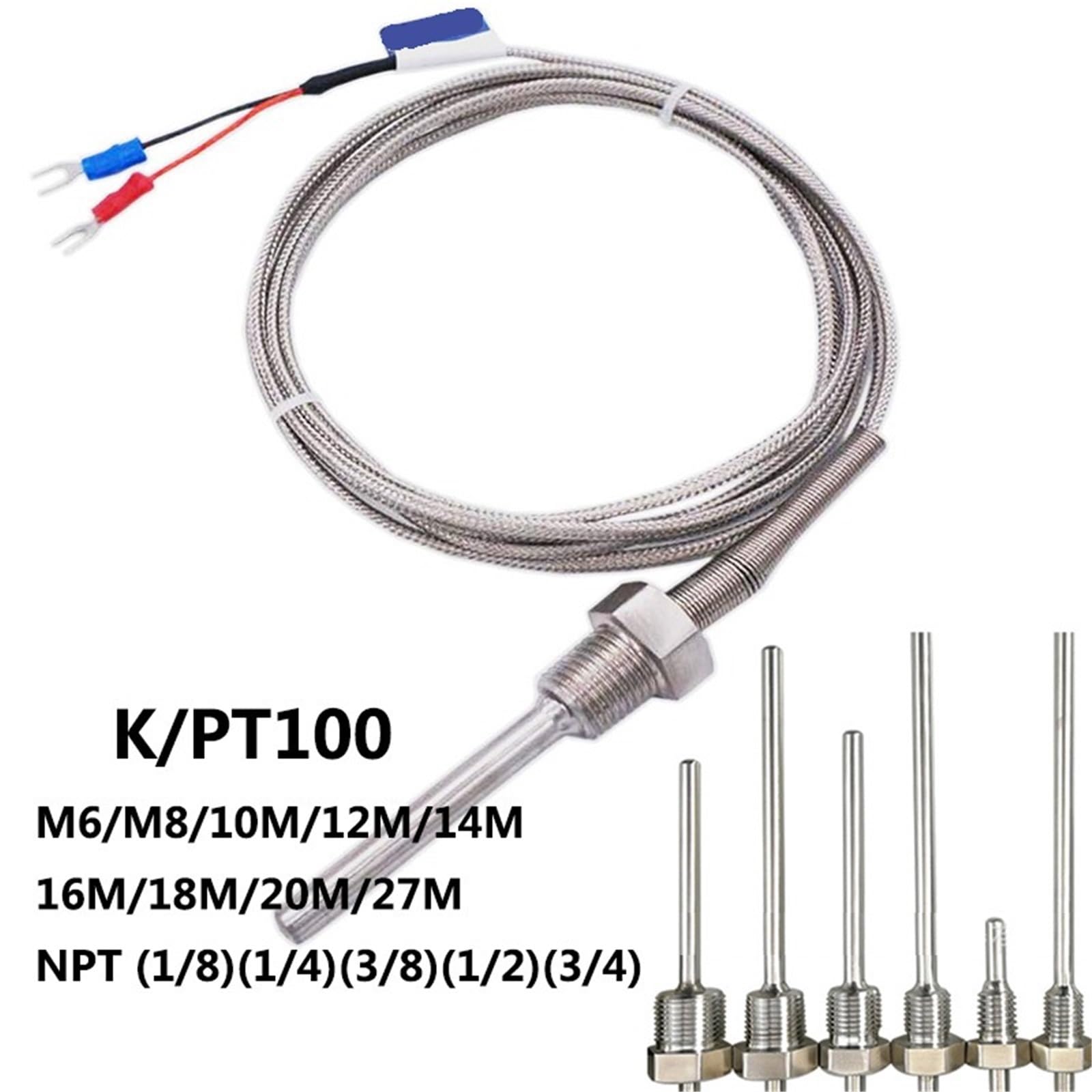 Sensor de temperatura de 800 °C, rosca M6~27M/NPT 1/8~3/4, sonda de acero inoxidable tipo K/PT100, controlador de temperatura de tubo termopar