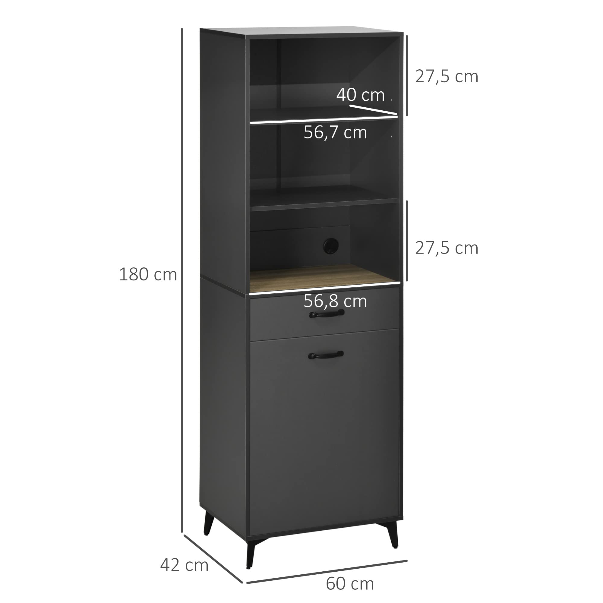 HOMCOM Buffet Cuisine Armoire Meuble de Rangement 180 cm Noir Bois Gris | pour Cuisine, Salon, Salle de Bain, Design Industriel, Piètement Métal, Meubles de Salle à Manger