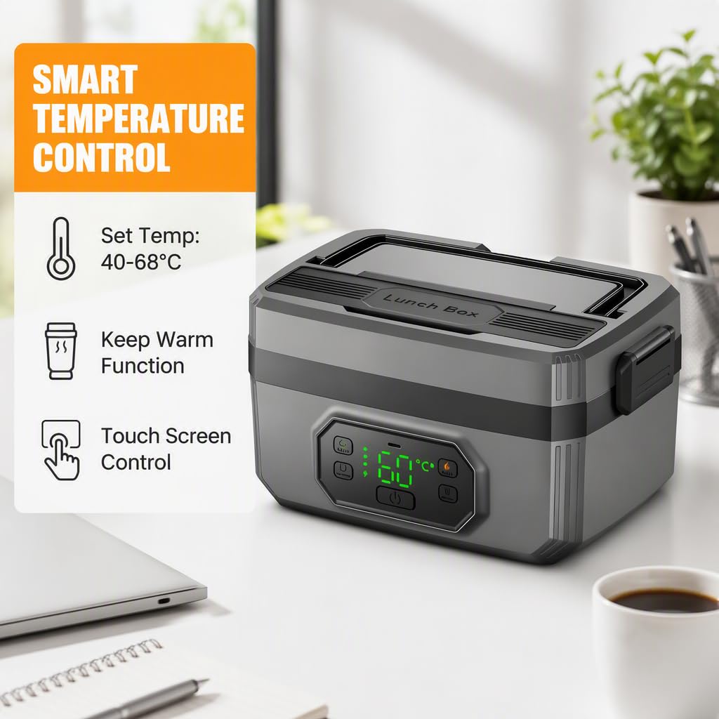 Portapranzo Elettrico Ricaricabile da 50 W, scaldavivande Portatile con Contenitore in Acciaio Inossidabile, a Prova di perdite, Ideale per Ufficio, Auto e Cantieri edili. (1600ML)