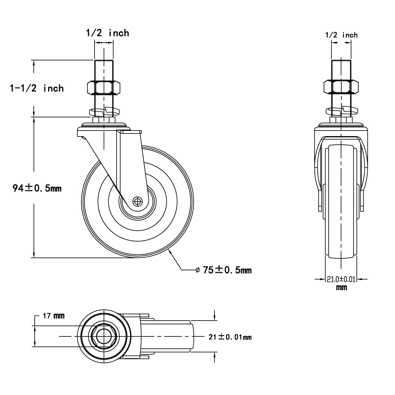 Set di 4 ruote piroettanti da 3 pollici con perno filettato resistente, ruote industriali girevoli in gomma da 1/2-13x1-1/2, ruote di alta qualità per scaffalature/mobili/carrelli in filo metallico
