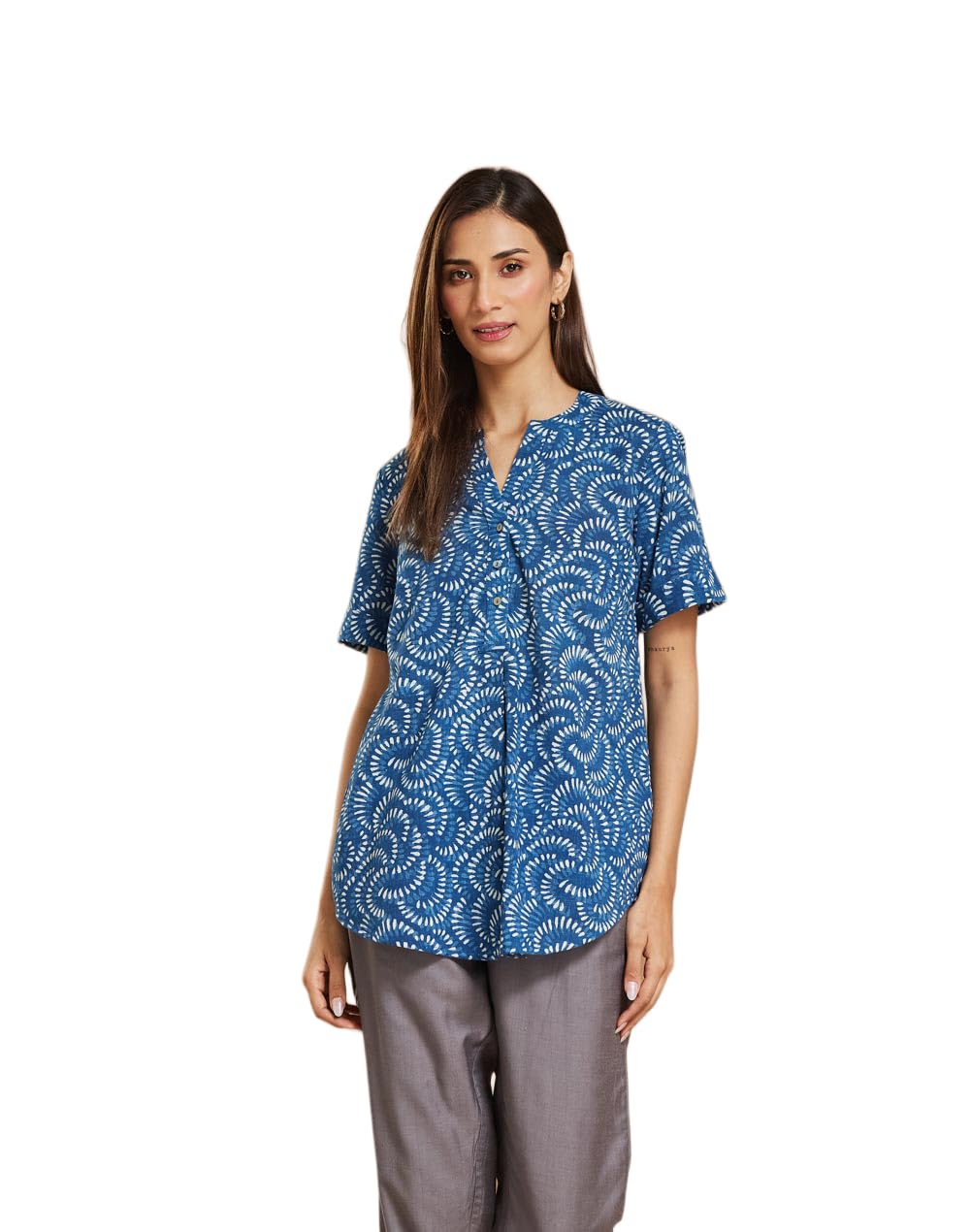 fabindia Women Navy Blue Printed Mandarin Collar Elbow Sleeves Tunic-picture-12