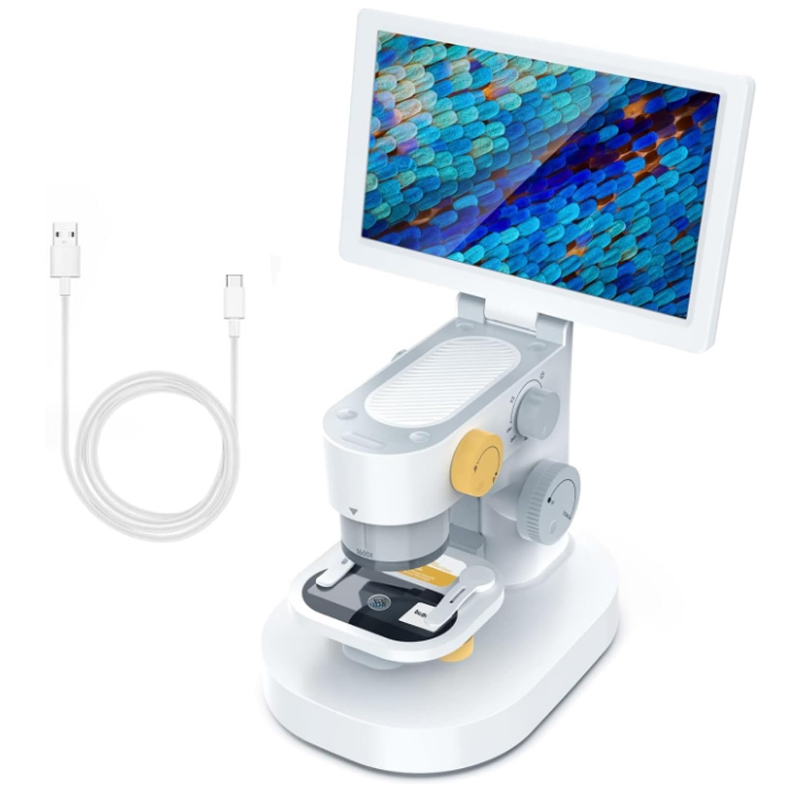 Mikroskop dla dorosłych dzieci, wyświetlacz LCD 1200x9, elektroniczna lupa wideo, biologiczny mikroskop cyfrowy, mikroskop laboratoryjny z możliwością ładowania przez USB (White)