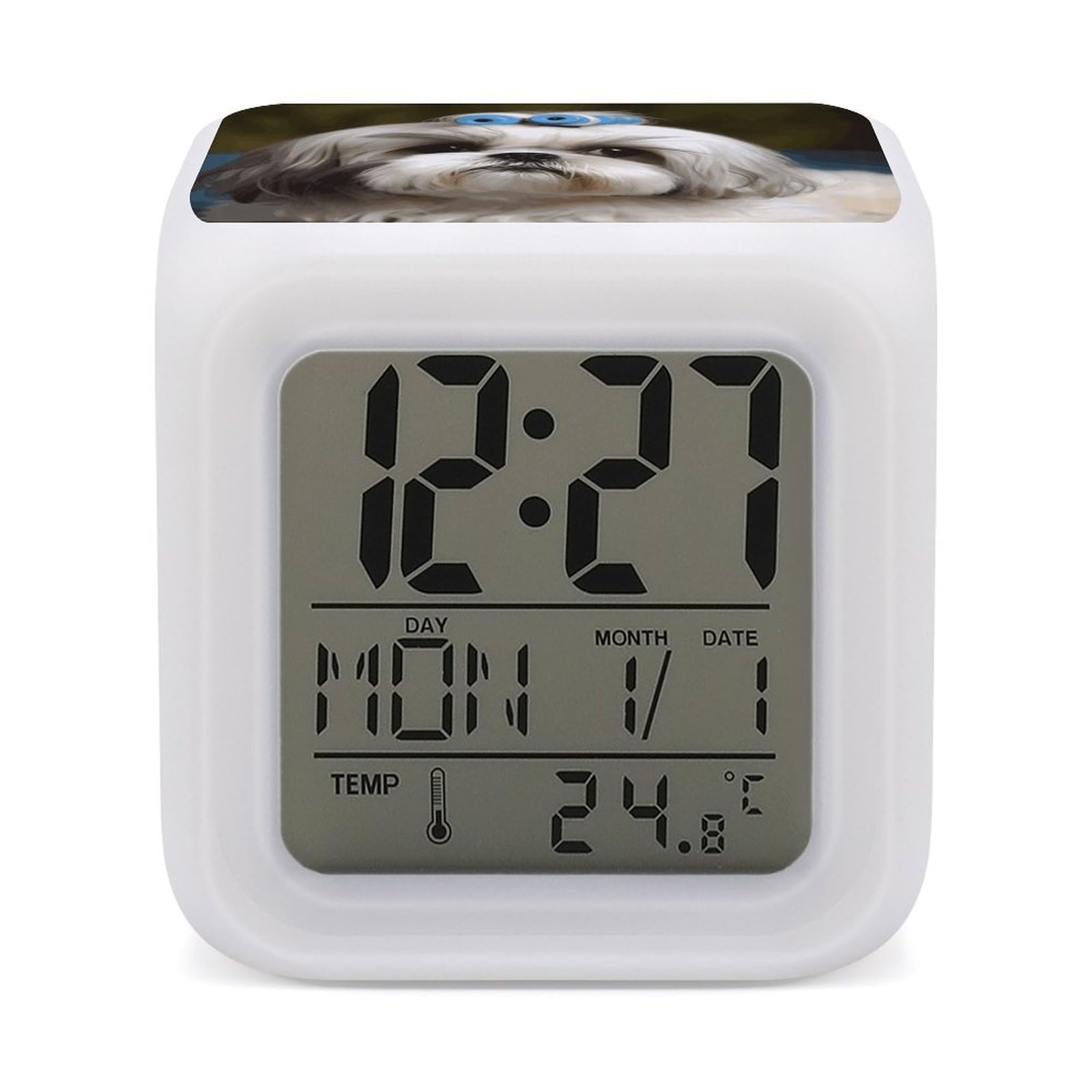 VstaDank Shih Tzu Dog Digital Alarm Clock LED Display Screen Color Change Alarms Clock Smart Alarm Clock Wake Up Digital Clocks with 7 Color Nightlight for Bedroom