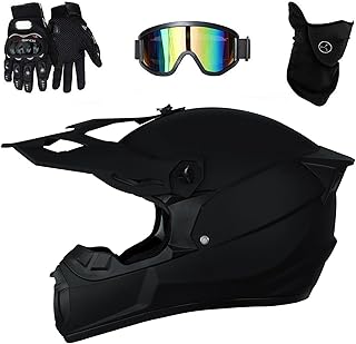 Downhill Motorcycle Helmet Complete Set Children Offroad Helmet with Stylish Rear Wing Design, Full Visor, Chin Guard & Panoramic Glasses + Breathable Mask for Dirt Bike/Quad/MTB (Sub-Black, XL (58 ~