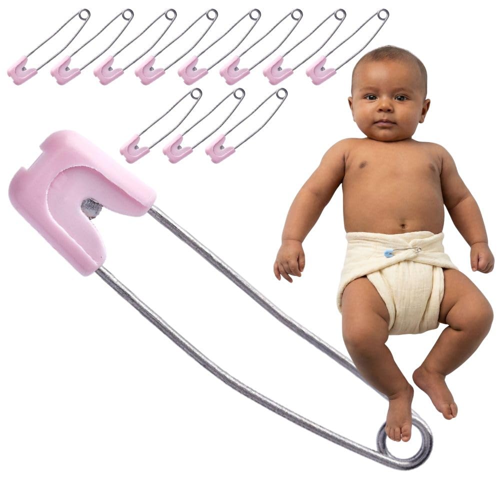Nappy Pins 55mm Pink 12 Pack – Locking Safety Pins for Terry Squares & Muslin Cloth Nappies – BPA-Free Click-Lock Cap – Rust-Proof Stainless Steel – Giddy Square