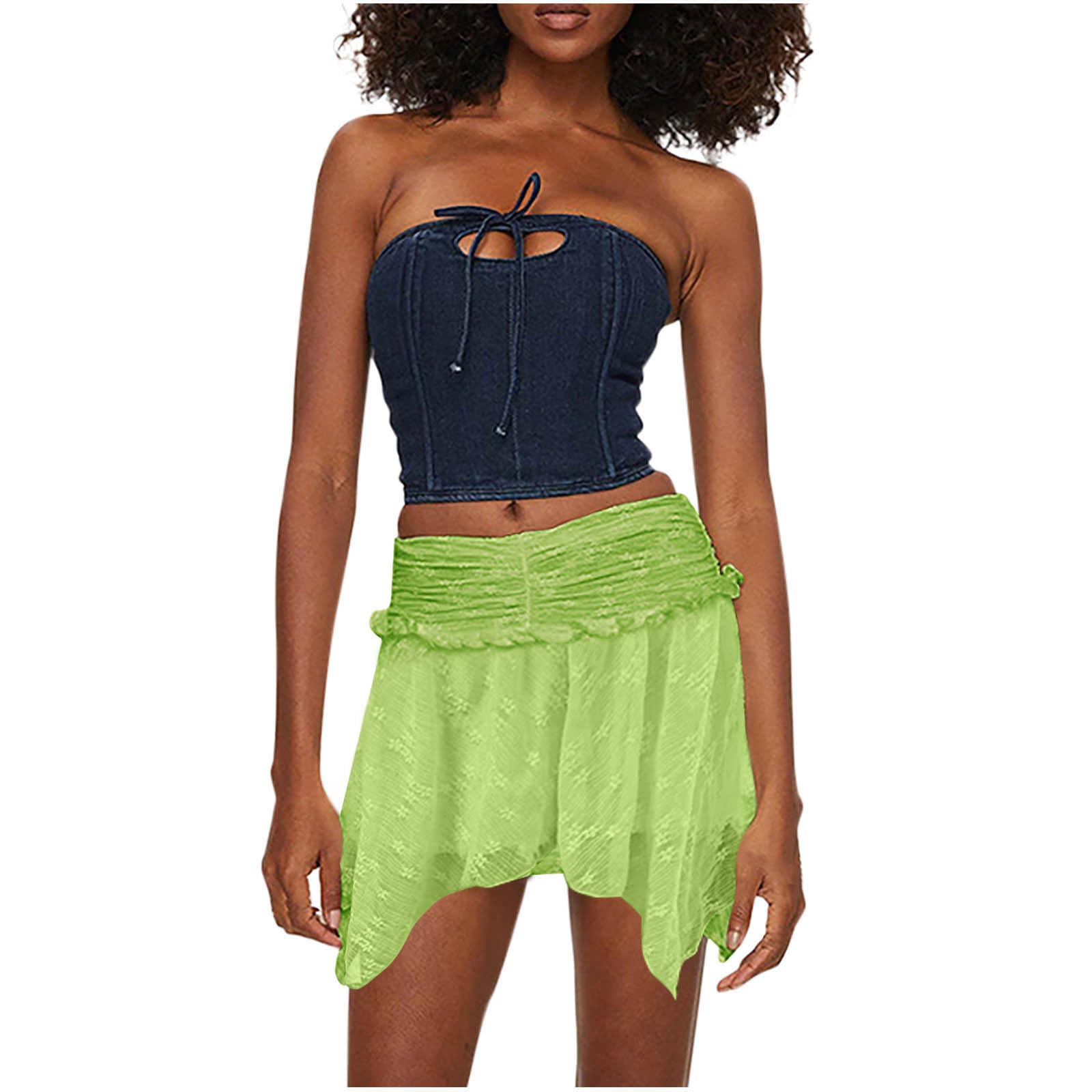 Womens Fairy Half Slip Skirts Low Rise Lace Y2k Pleated Ruffle Mini Short Skirt Flowy Asymmetrical Tiered Underskirt Green