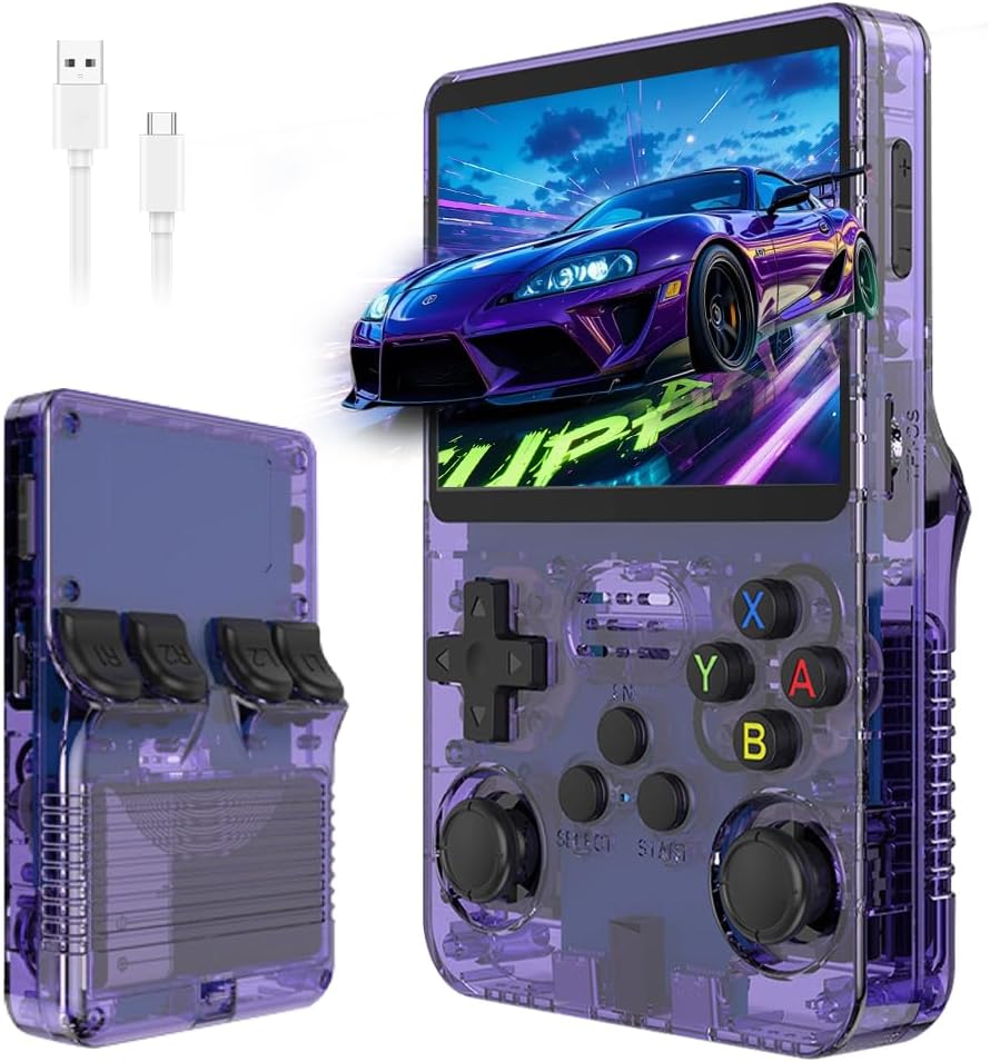 R36s Retro Handheld Game Console, Handheld Games Consoles with 3.5 Inch Ips Display and 20,000+ Classic Games, Portable Pocket R36s Game Console for Teens And Adults (64G) (Purple Translucent)