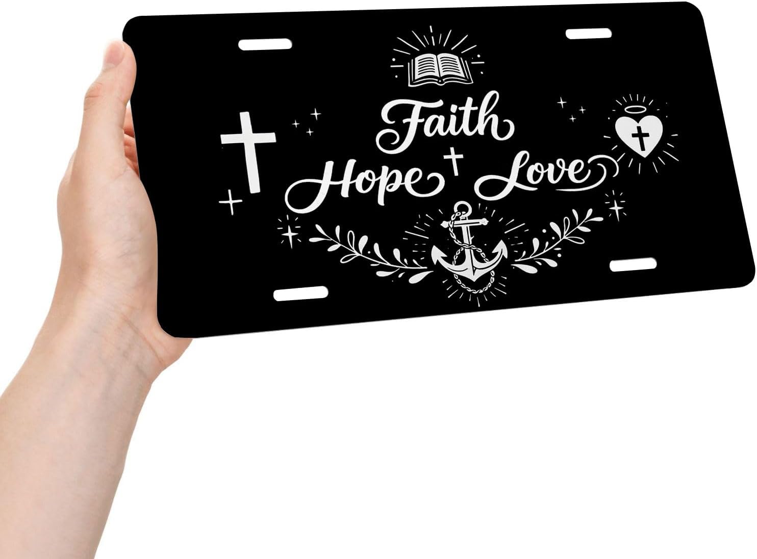 Christian Faith Front License Plate for Men Cross Bible Faith Hope Love Car Vanity Plates Decorative Aluminum Metal Cute Novelty License Plate 6x12 Inch (4 Holes)