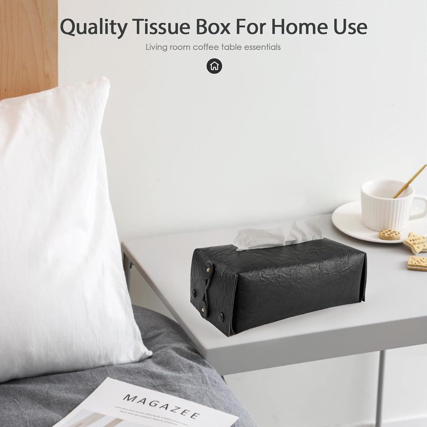 Leather Tissue Box Cover Rectangular, Tissue Box Holder Dispenser for Car, Home, Bathroom, Bedroom, Office, Night Stands, Desks and Tables (Floral-Black, Rectangular) image 5