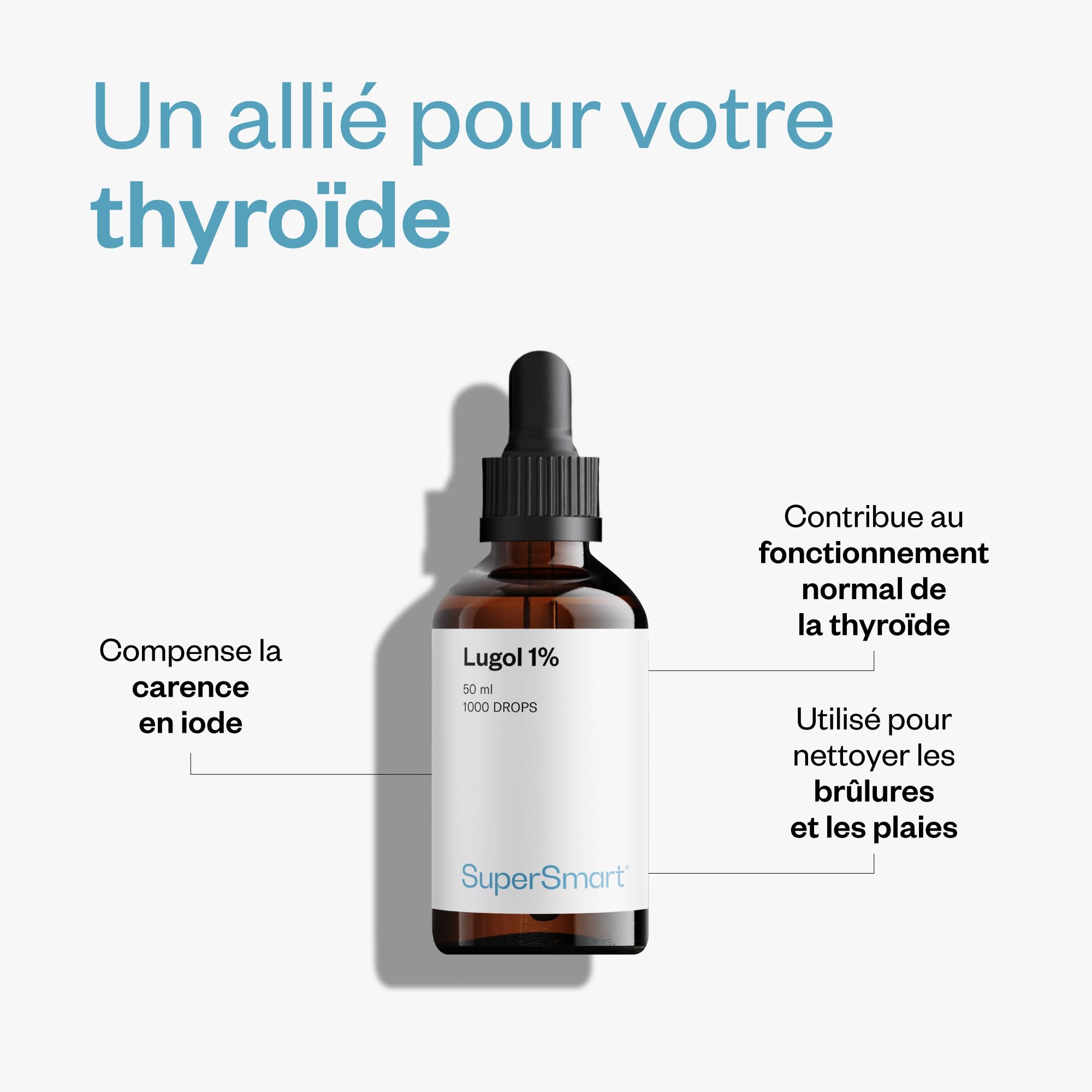 Lugol 1% - Iode en Gouttes - Soutient de la Thyroïde - Nettoie Plaies et Brûlures - Solution iodo-iodurée - 1000 gouttes - SuperSmart
