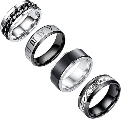yfstyle Stainless Steel Ring Set 4pcs Band, Mens Wedding Rings, Cool Spinner Rings, Black, Silver, Gold, Blue, 8mm Width, Unisex