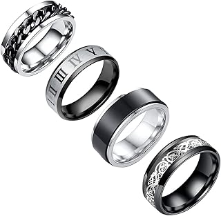 Stainless Steel Ring Set (4pcs Band), Men's Wedding Rings, Cool Spinner Rings, Black, Silver, Gold, Blue, 8mm Width, Unisex