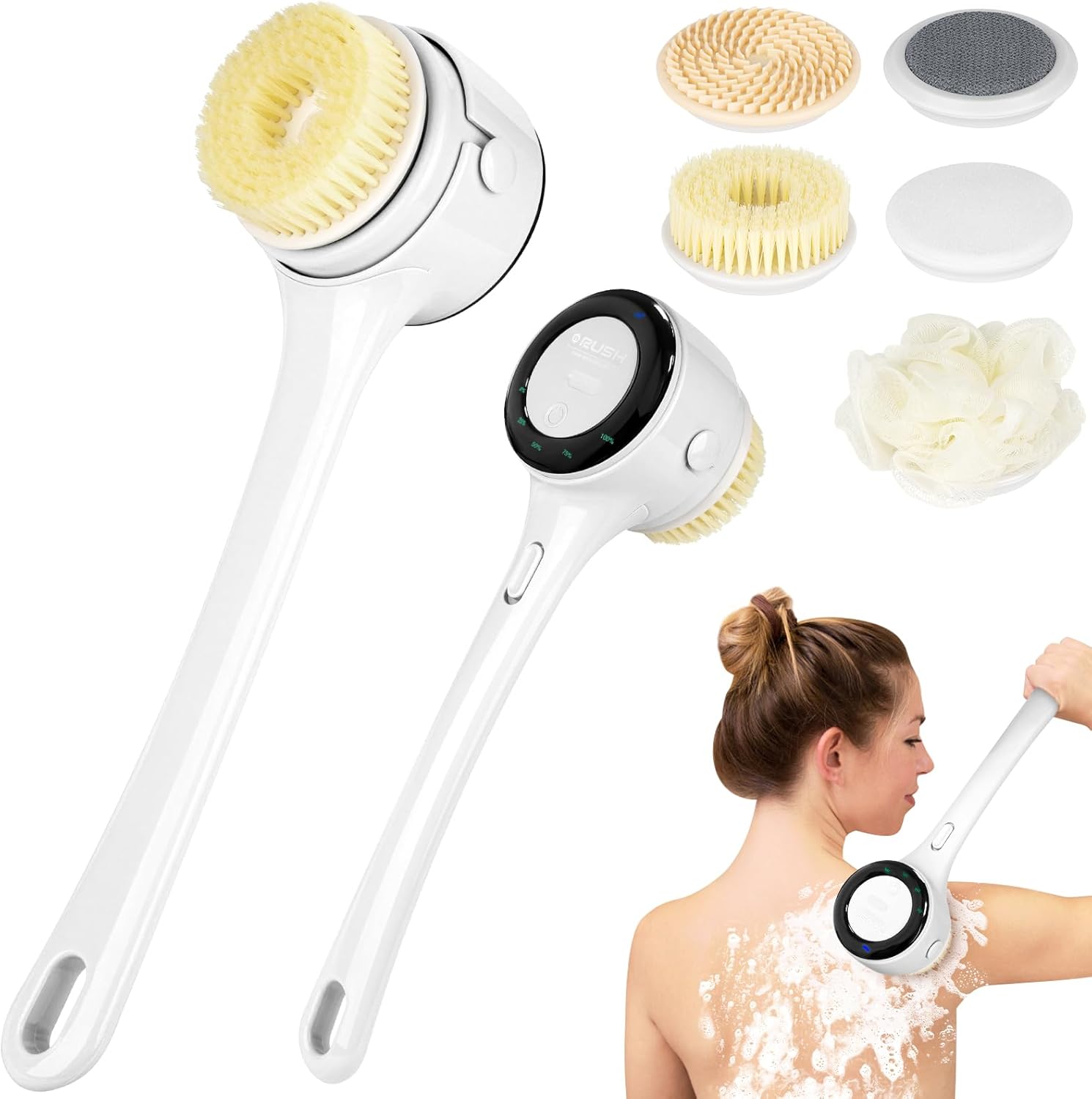 Electric Body Brush Back Scrubber for Shower, Rechargeable Auto Spinning Bath Brush & 4 Speeds, Waterproof Long Handle Body Scrubber with 5 Heads for Deep Cleansing, Exfoliating, Massaging - White