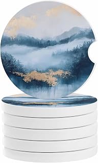 Navy Blue Car Coasters for Cup Holders Set of 6 Absorbent, 2.56" Ceramic Stone Drinks Cupholder Coasters with Finger Notch Contemporary Yellow Oil Painting Auto Interior Accessories for Women