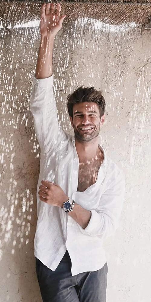 Vista 2 de JEKAOYI Camisas casuales de lino de algodón y manga larga para hombre con botones liso manga enrollada para verano playa