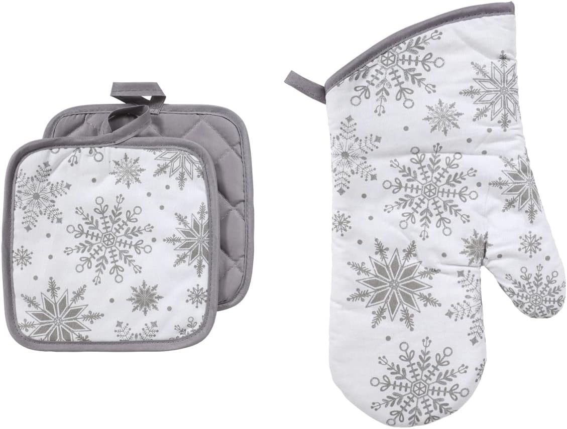 Snowflake Farmhouse Kitchen Towel Set with Pot Holders Oven Mitt and Set of Refrigerator Magnets Modern Farmhouse Decor (Winter Snowflakes) - Image 3