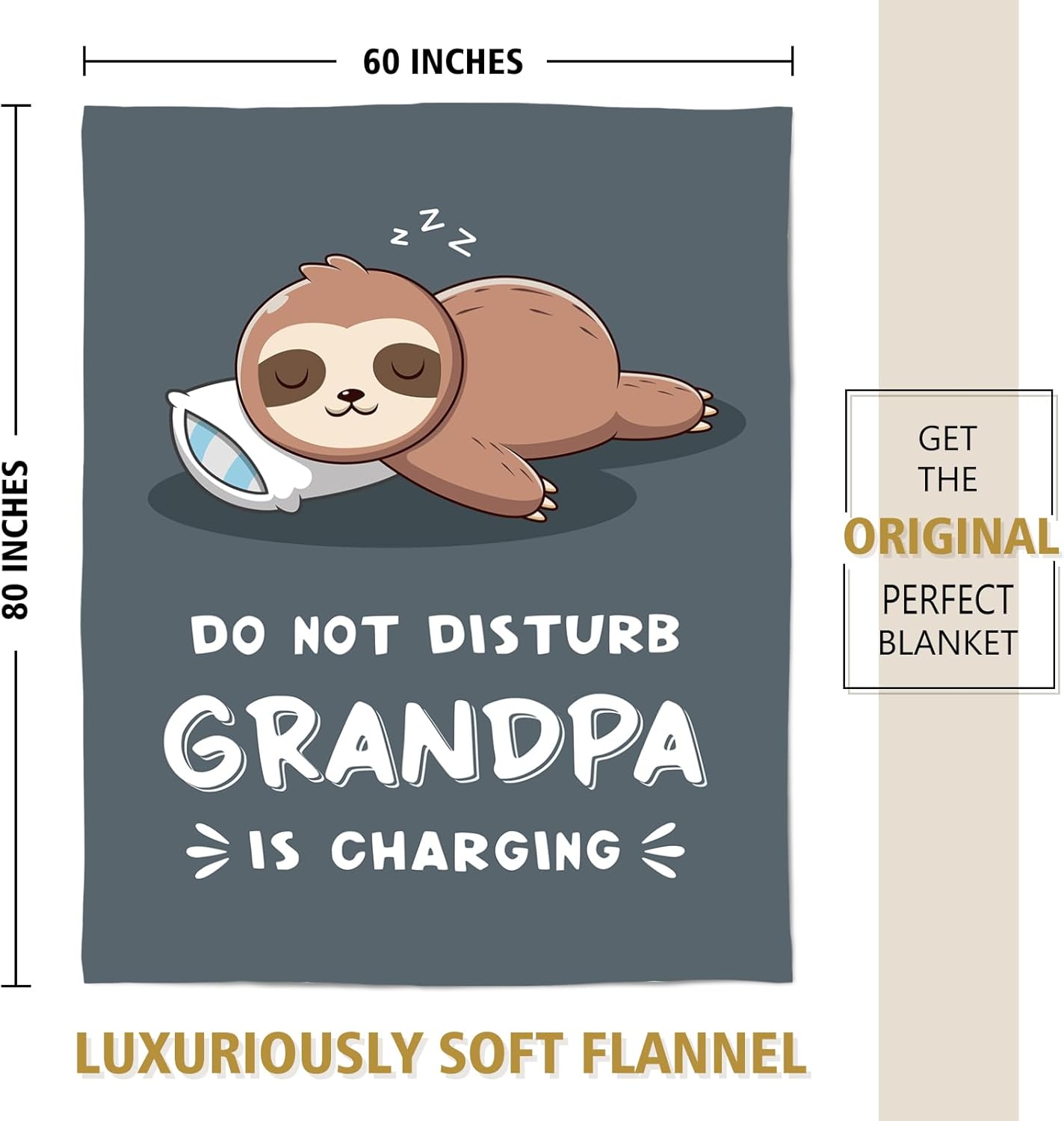 Funny Gifts for Grandpa, Grandpa is Charging Sloth Blanket, Grandpas Birthday Gift, Grandpas Gifts from Grandkids for Fathers Day Christmas, Soft Sloth Blanket for Grandfather 60" x 80" - Image 6