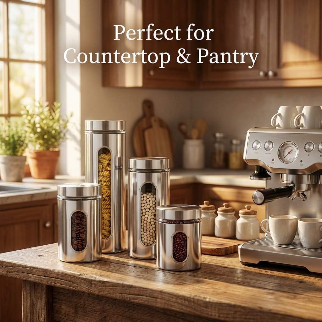 QWORK 4pc Stainless Steel Canister Set with Airtight Lids and Glass Window - Food Storage Containers for Kitchen Counter & Pantry Organization