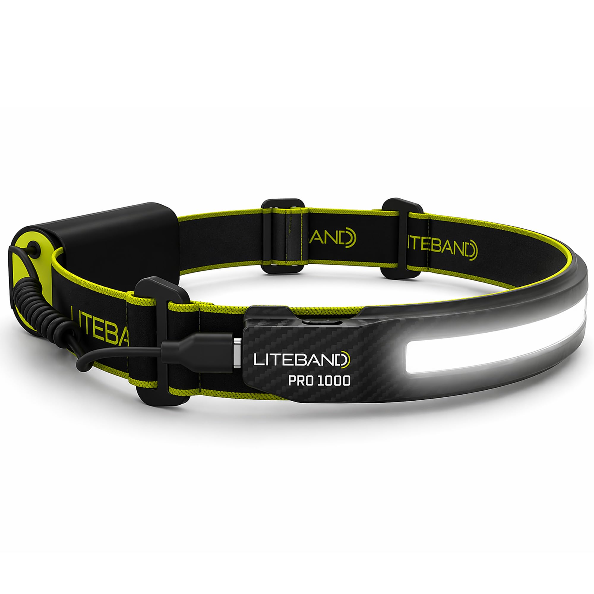 Liteband PRO - Linterna frontal LED de 1000 lúmenes, súper brillante, funciona con pilas, recargables, para camping, correr, casco duro, linterna de frente manos libres, color carbono