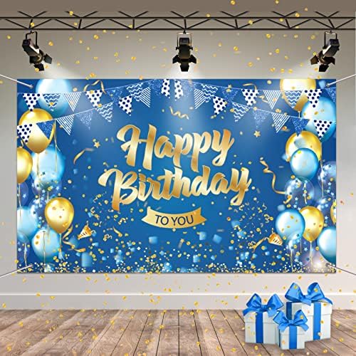 Happy Birthday Backdrop Banner, Blue Gold Birthday Party Backdrop, Large Happy Birthday Sign Banner, Birthday Party Decorations Banner for Men Boys Birthday Photo Backdrop Props